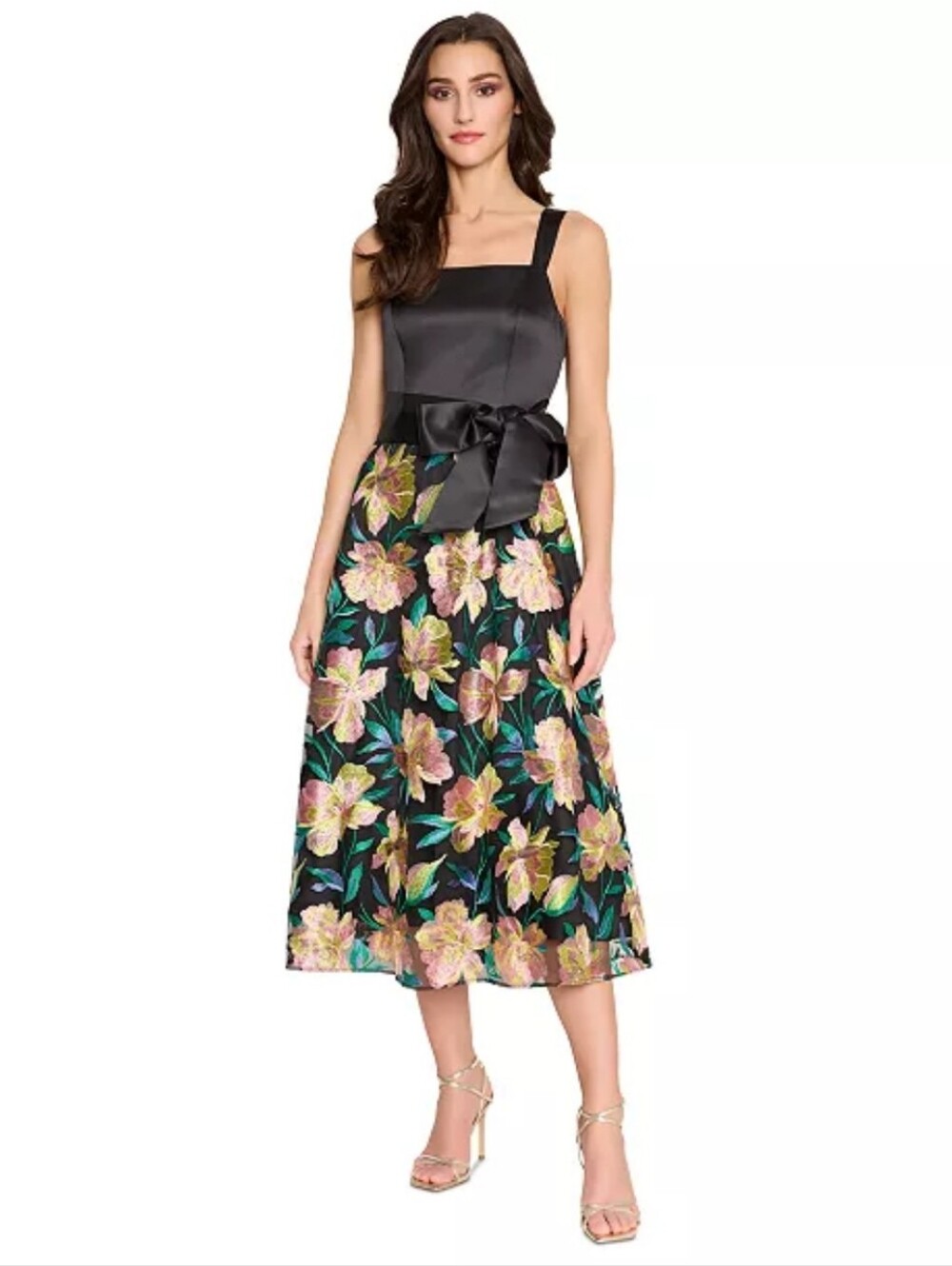 Tahari ASL Size 12 Black Floral Embroidered Fit & Flare Midi Dress $269